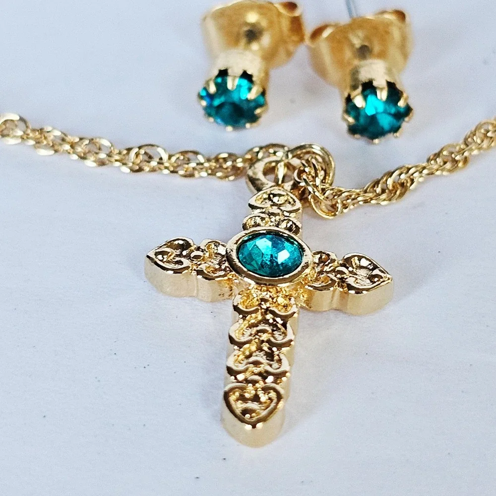 Vintage 1994 Avon Kids Cross Necklace Earring Set Blue Zircon Birthstone Gold